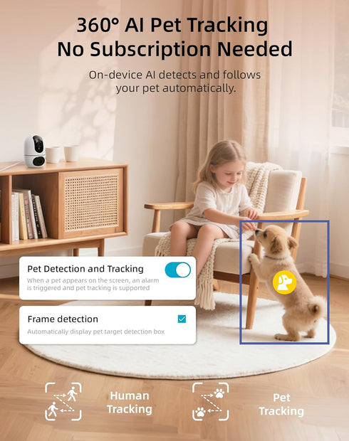 VIRTAVO 360 2Way 6 (2.4GHz/5GHz), Pet Camera Indoor for Dogs & Cats, PTZ Pet Monitor with Motion Tracking, DualLens