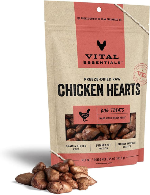 Vital Essentials Freeze Dried Raw Single Ingredient Dog Treats, Chicken Hearts, 3.75 oz