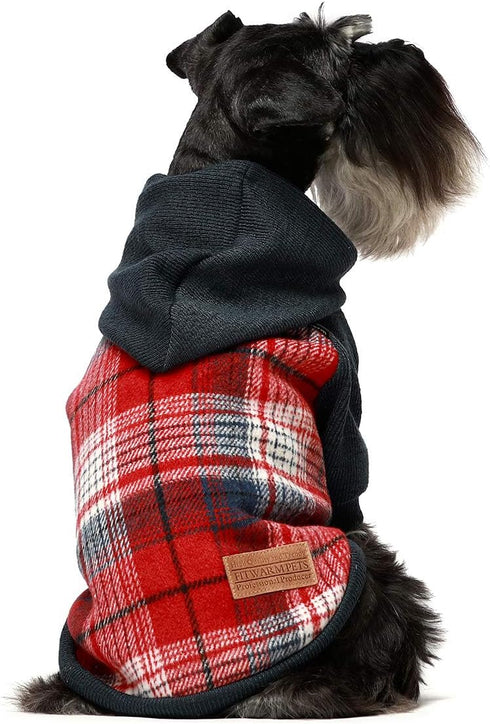 Fitwarm Tartan Plaid Dog Hoodie, Knitted Dog Clothes for Small Dogs, Pet Sweater with Hood, Cat Fleece Lined Winter