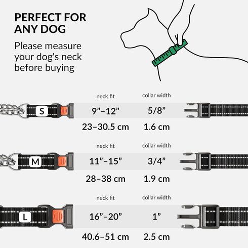 CollarDirect Martingale Dog Collar, Stainless Steel Chain and Quick Release Buckle, Reflective Collar for Dogs, Black