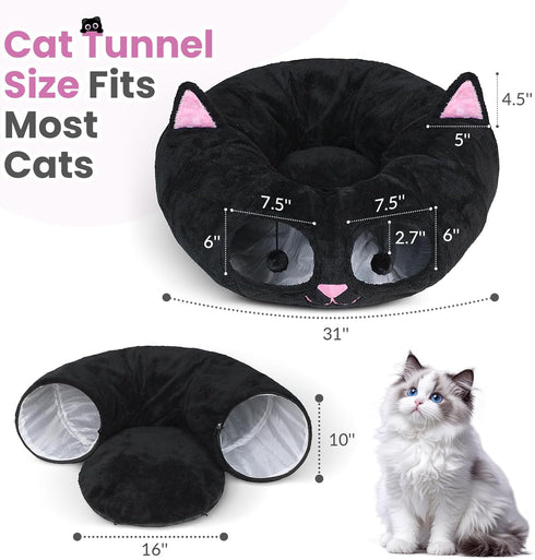 Baseola Cat Tunnel Bed for Indoor Cats, Peekaboo Cat Cave with Washable Soft Play Mat, Furry Cat Tube