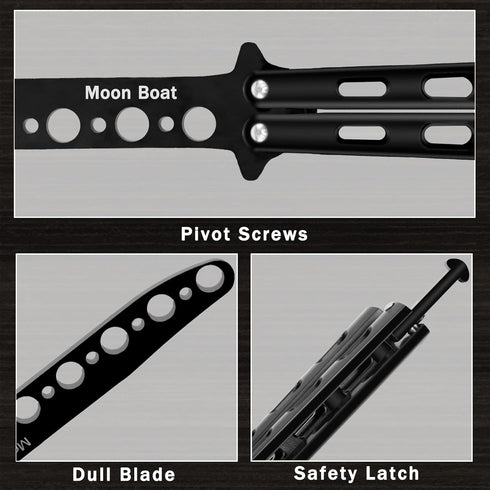 Moon Boat 2PCS Butterfly Knife Training Practice Comb, Unsharpened Blade Black Silver