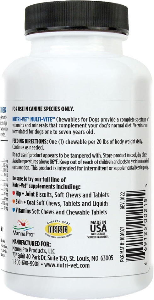 Immune, 60 Count Nutri-Vet Multi-Vite Chewables for Adult Dogs, Daily Dog Vitamins & Minerals, Supports Balanced Diet