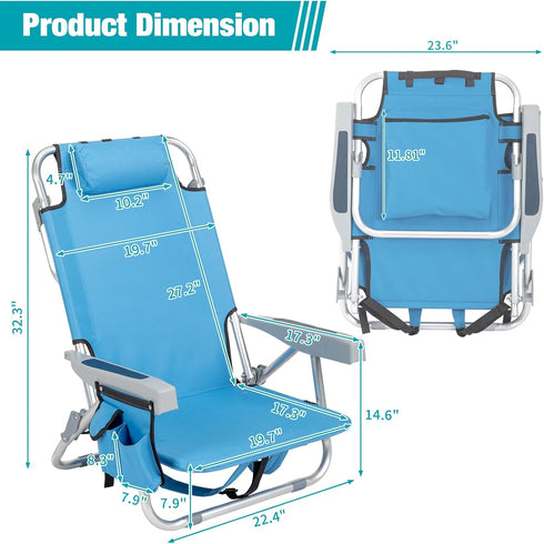 5 Backpack Folding Beach Chair, Position Portable Foldable Camping Chair with Headrest, Cup Holder, and Armrests,Blue