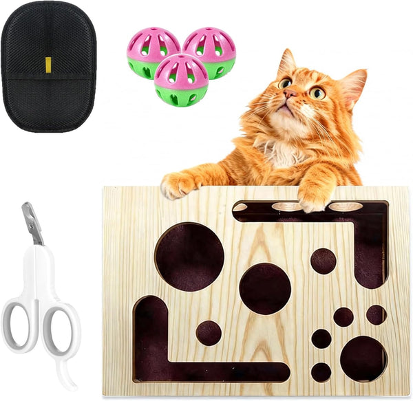 DBZ Cat Scratch Puzzle Enrichment Box, Pine Wood Cat Nail File Enrichment Box,