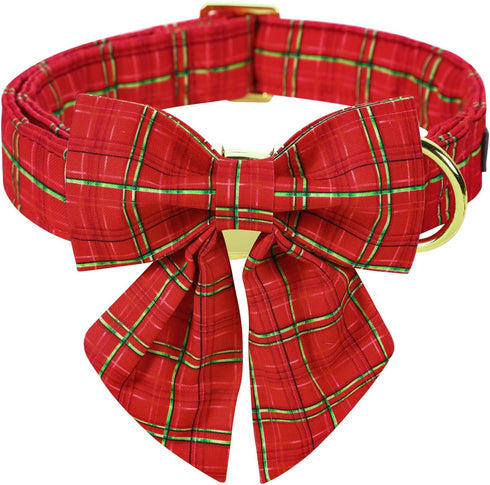 Maca Bates Christmas Plaid Dog Collar with Bow Tie, Adjustable Breakaway Red Collars for Small Medium Large Dogs