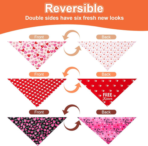 Agroon 3PCS, 6 Dog Valentines Bandana XLarge Pattern Sweetheart Scarf for Boy and Girl, Red Pink Black Triangle