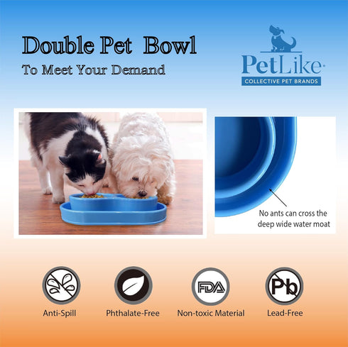 PetLike Ants Away Double Cat Dog Water and Food Bowls, 6 Cups / 48oz Feeding Dish for Medium to Large Dogs and Cats