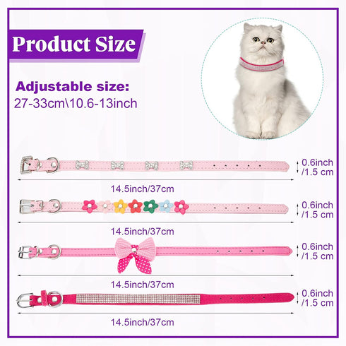 4 Pcs Pink Dog Collar, Spiked Studded Collars with Pearls, Rhinestone Bow Knot Crystal Diamond Colorful Flower Collars