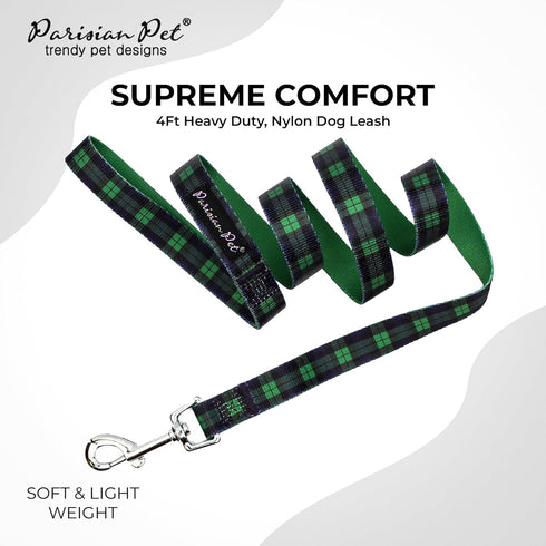 Parisian Pet Dog Leash - 4Ft Heavy Duty Scottish Green Plaid Print Nylon Doggie Walking Leash for Small and Medium Dogs