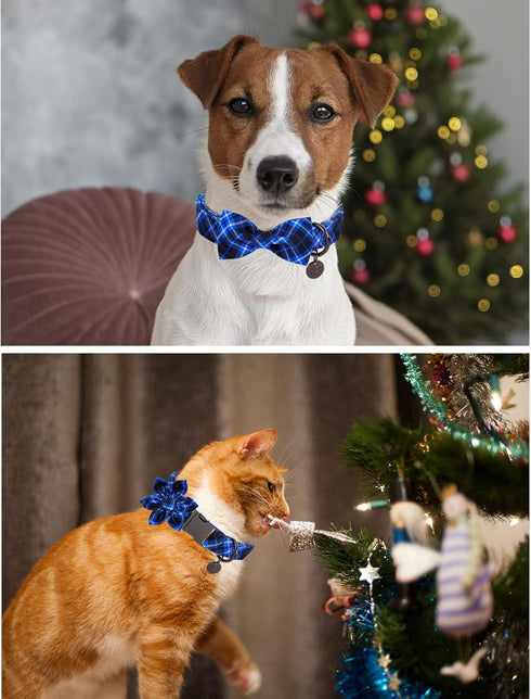 Dog Collar with Bow Tie, Cotton Bowtie Collar for X-Large Girl Boy Dog, Holiday Blue, Neck 16-26in.