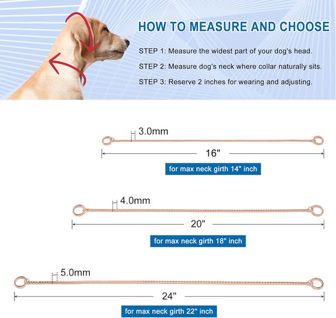 Mogoko Stainless Steel Dog Choke Chain Collar, Puppy Metal Snake Chain Slip Collar for Training Walking (Rose Gold)