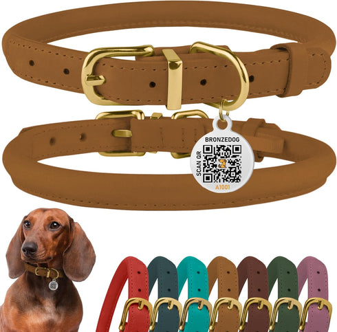 BronzeDog Rolled Leather Dog Collar - Adjustable Soft Round Collars with QR ID Tag for Small Medium Large Dogs