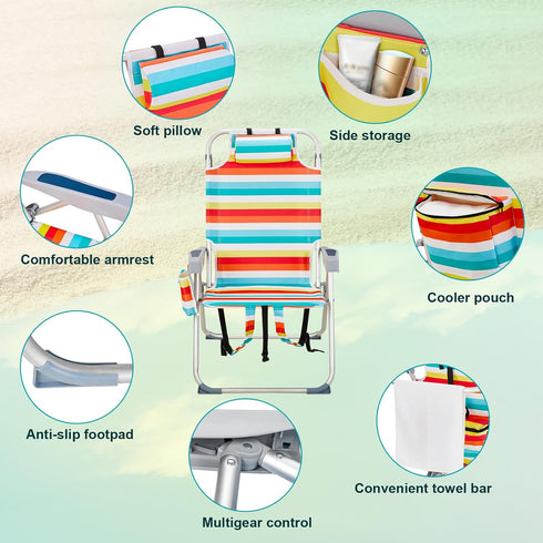Xeuemtey Backpack Pouch,5-Position Beach Chair with Towel Bar,Cooler and Storage Adjustable High Beach Chairs