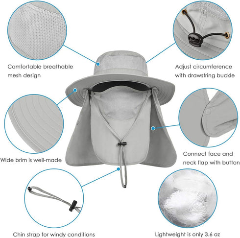 IYEBRAO Mens Outdoor Sun Hat with Face Neck Flap, UV Protection Wide Brim Fishing Hat