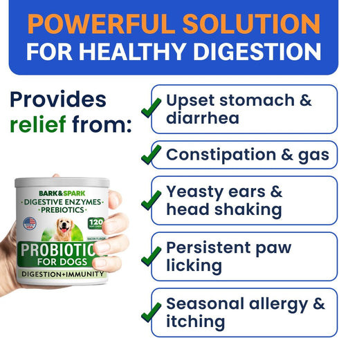 Bark&Spark Dog Probiotics & Digestive Enzymes (120Ct Bacon) - Allergy & Itchy Skin, Diarrhea, Gas Treatment, Tummy