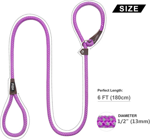 Fida Durable Slip Lead Dog Loop Leash, 6 FT x 1/2" Heavy Duty Comfortable Rope for Large Medium Dogs, Purple