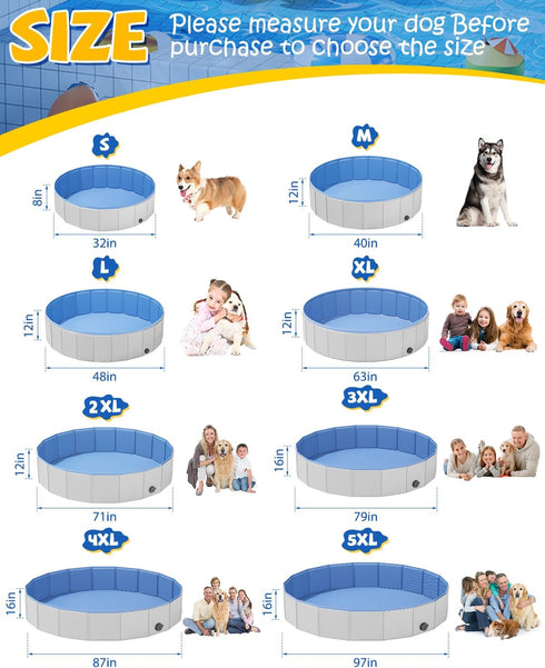 Portable Dog Pool - PVC Collapsible Swimming Pool for Pets, Hard Plastic Bathtub (S-32" x 8" Light Grey)