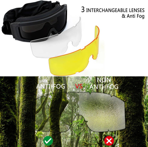 SPOSUNE Anti Fog Airsoft Goggles with 3 Interchangeable Lenses and UV400 Protection for Tactical Use