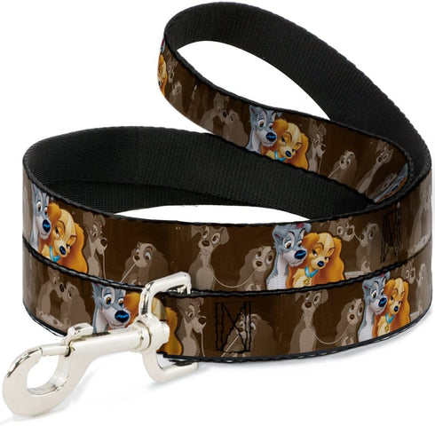 Buckle-Down Dog Leash, Lady And Tramp 2 Poses Spaghetti Kiss Scene, Browns, Available in Different Lengths and Widths