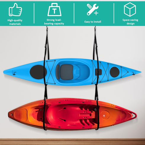 JaGely 4 Pcs Double Kayak Storage Straps System Adjustable Wall Hanging Storage Strap with 4 Hook Bolt Kayak Hoist
