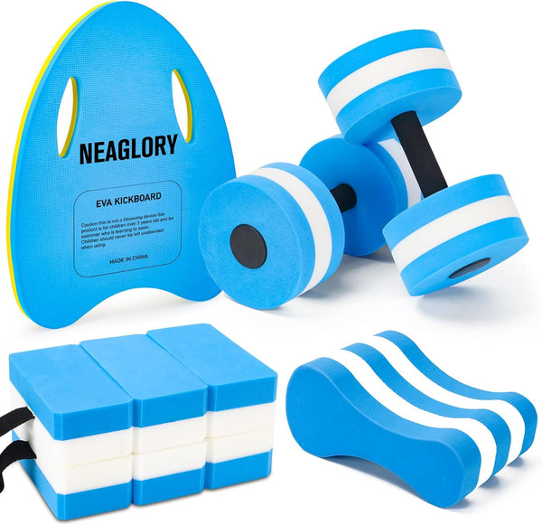 NEAGLORY 5 Pieces Water Aerobics Set, Aquatic Exercise Pool Fitness Equipment with Foam Dumbbell, Swim Kickboard, Pull