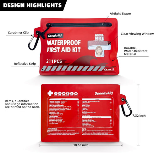 SPEEDYAID 211 IPX7 Swimming, PCS Waterproof First Aid Kit, Rated Dry Bag with Airtight Zipper, Portable Emergency