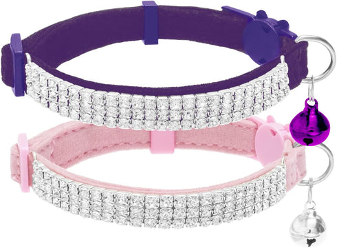 EXPAWLORER Soft Velvet Safe Cat Collars for Girl Cats - 2 Pack Rhinestones Bling Adjustable Breakaway Collars