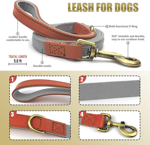 QRDA Dog Collar and Leash Set, Silver Gray Adjustable Durable Nylon Pet Collars with Tactical Leash for Small Medium