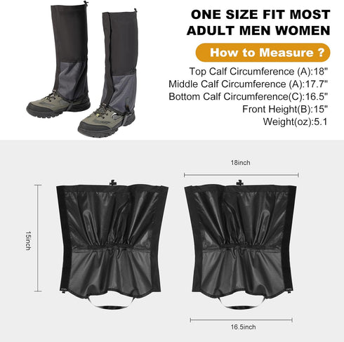 Upgraded Waterproof Gators for Hiking Boots, Adjustable Leg Gaiters for Men Women - 600D Oxford for Hiking, Trail