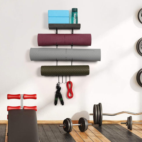 VINAEMO Yoga Mat Holder Accessories - Wall Mount Organizer with 4 Hooks and Wooden Shelves for Foam Roller and Towel