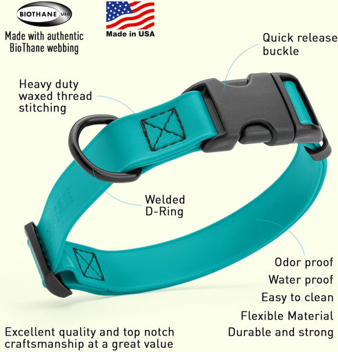 Dogline Biothane Waterproof Dog Collar with Quick Release Buckle, Fits Small to Large Dogs, Teal 1" W 15-23" L