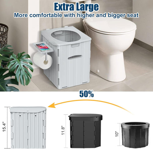 XL Portable Toilet for Adults, 15.4" H Foldable Camping Toilet with Detachable Phone Shelf and Lid for Hiking
