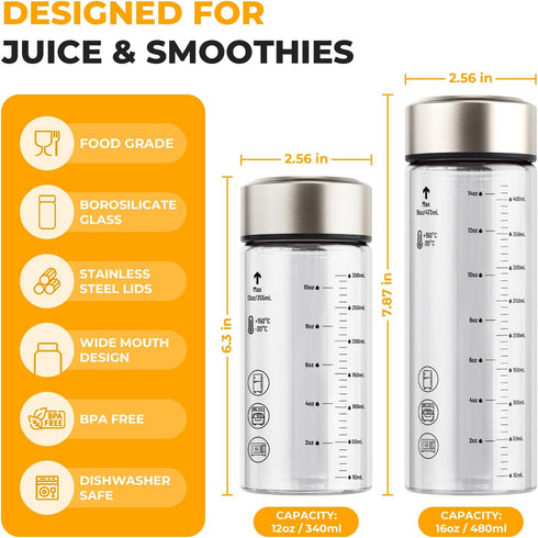12 oz 4 Pack Sursip Glass Juice Bottles Wide Mouth Bottles with Stainless Steel Lids Leakproof, BPA Free