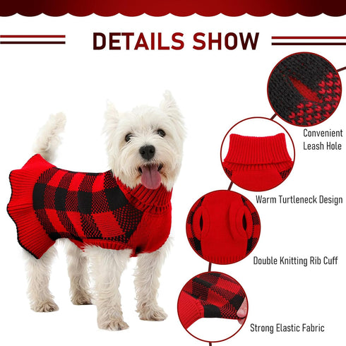 Dog Sweater Dress, Plaid Knitwear for Small Medium Dogs, Warm Turtleneck Pullover with Leash Hole for Christmas (Red,