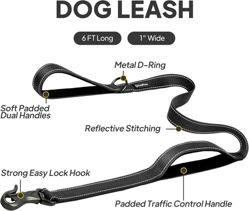 PetiFine 6FT Heavy Duty Dog Leash - Soft Padded Double Handle, Durable Strong Clasp, Reflective Nylon Walking Lead for