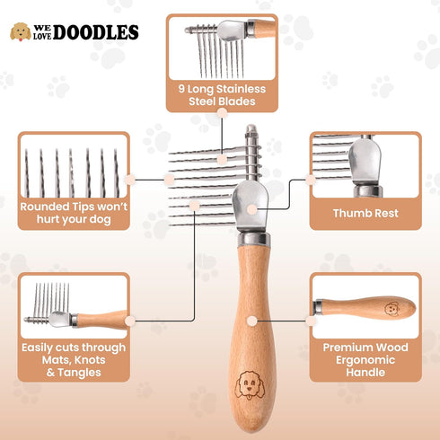 Dog Dematting Brush & Rake, Detangler Tool for Grooming, Best for Doodles, Poodles, Goldendoodles, Cats & Other Pets