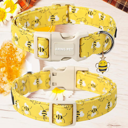 ARING PET Bees Dog Collar, Cute Adjustable Yellow Bees Print Pet Collars for Small Medium Large Dogs