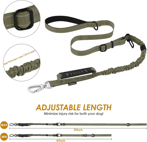 Tactical Dog Leash Heavy Duty - 4-6ft No Pull Bungee for Medium Large Dogs with Comfortable Padded Double Handle, Green