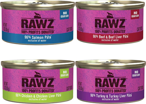 '-12 Pack Pack -4 (3oz Rawz Natural Premium Pate Canned Cat Wet Food Cans Variety Flavors - (Salmon, Chicken, Turkey