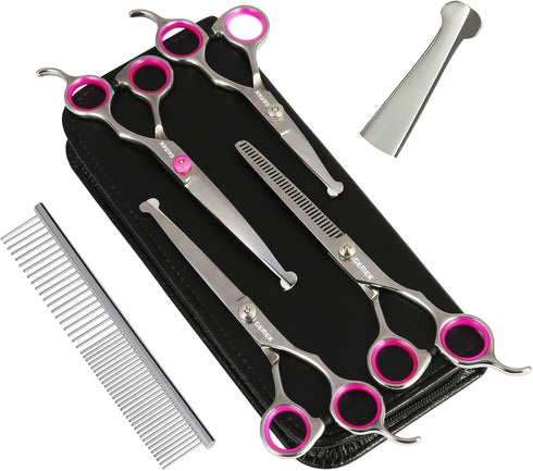 Set, 4CR 5 GEMEK Dog Grooming Scissors Stainless Steel Safety Round Tip Pet Professional Grooming Tool Pieces Kit