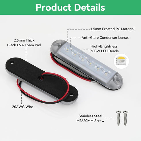 12V 4PCS, 4 Inches IP67 Sailboat RGBW Boat LED Courtesy Light Marine Courtesy Light Strip, Waterproof Boat Interior