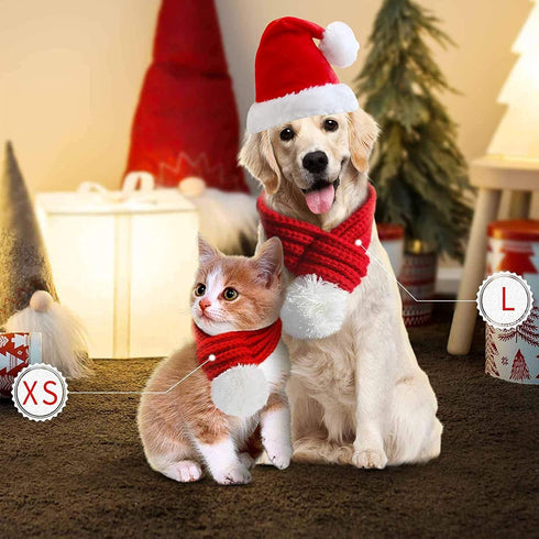 Christmas Dog Santa Hat with Adjustable Scarf, Red Knit Scarf, Dog Winter Neck Warmer for Christmas Party Dressup