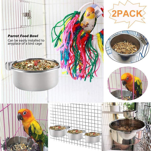 kathson 2 Pack Bird Feeding Dish Cups, Stainless Steel Parrot Feeders with Clamp Holder for Parakeet Cockatiels Conure
