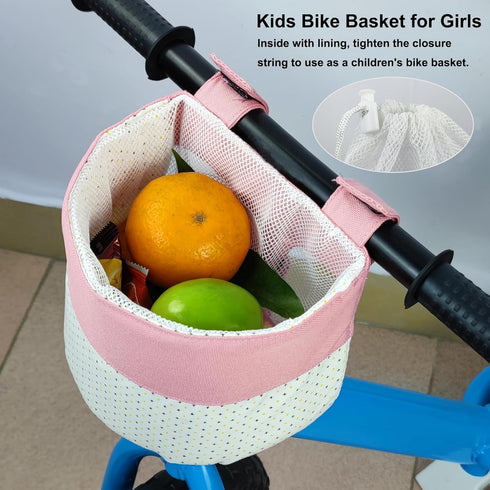 Kids Bike Basket, Soft Doll Bike Seat, Girls Bicycle Basket for Toy Doll Storage, Pink Patchwork White