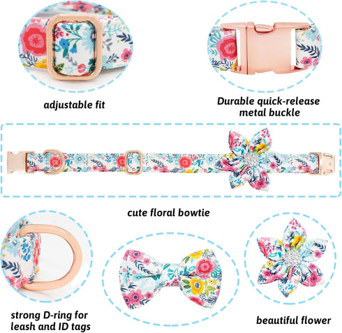 Dog Collar and Leash Set for Girls, Adjustable Puppy Collars with Floral Bow Tie for Small Medium Large Female Dogs,