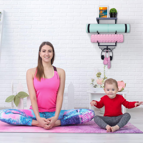 Yoga Mat Holder Wall Mount, 3 Sectional Yoga Mat Storage Rack with 7 Hooks for Foam Roller and Resistance Bands
