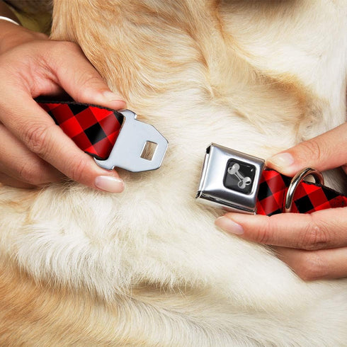 Buckle-Down Dog Collar, Seatbelt Buckle Diagonal Buffalo Plaid Black/Red, 1.5" Wide, Fits 16-23" Neck
