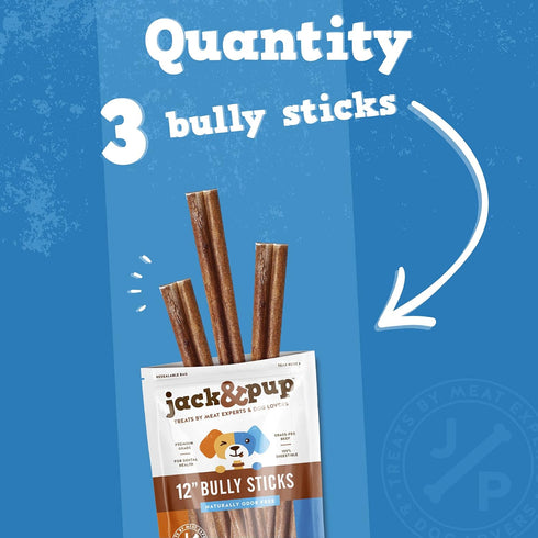 Jack&Pup 12 Inch Bully Sticks for Large Dogs | Thick Odor Free (3 Pack) Long Lasting Bully Sticks