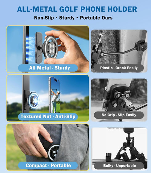 Smusrks 12-17, 360 Magnetic Golf Cart Phone Holder, All-Metal Phone Mount Compatible with MagSafe iPhone Rotation Golf